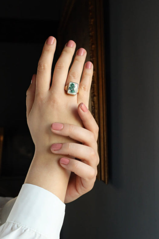 14k Gold Dragon Ring with Meissen Porcelain Green Dragon Sign