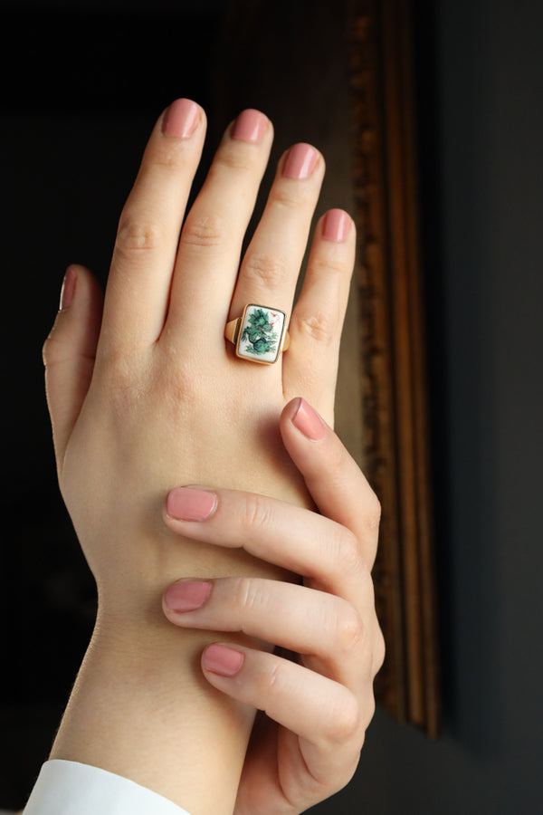 14k Gold Dragon Ring with Meissen Porcelain Green Dragon Sign