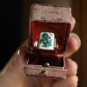 14k Gold Dragon Ring with Meissen Porcelain Green Dragon Sign