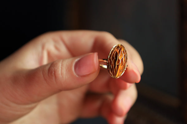 Large Oval Dome Gold Ring, Hammered 18k Gold
