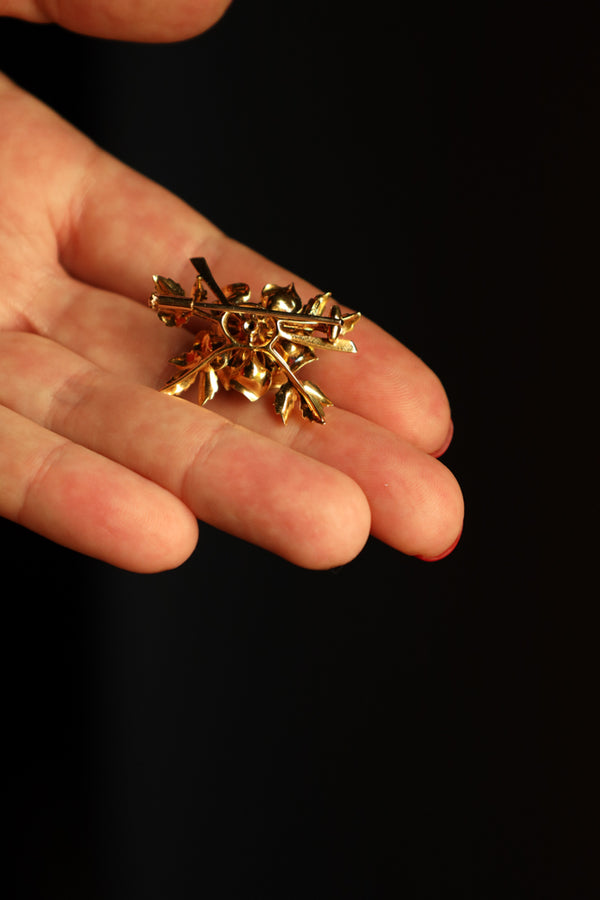 18k Gold Flower Brooch with Ruby and Blue Enamel