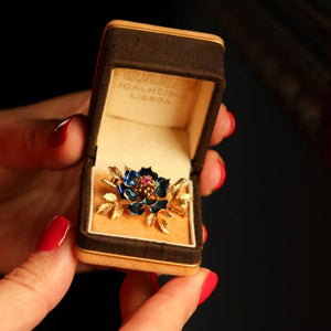 18k Gold Flower Brooch with Ruby and Blue Enamel