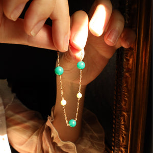 18k Gold Chrysoprase Chalcedony and Pearl Bead Bracelet