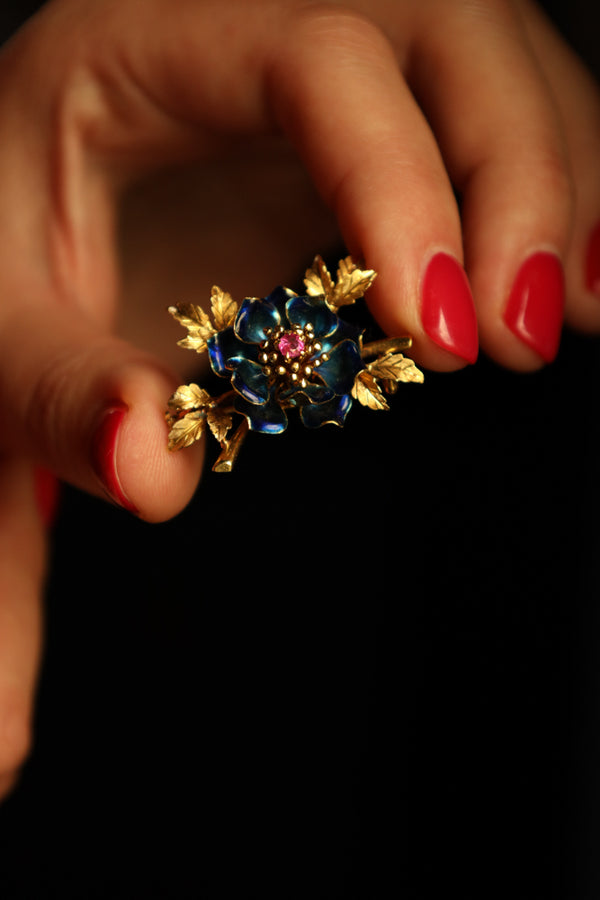 18k Gold Flower Brooch with Ruby and Blue Enamel