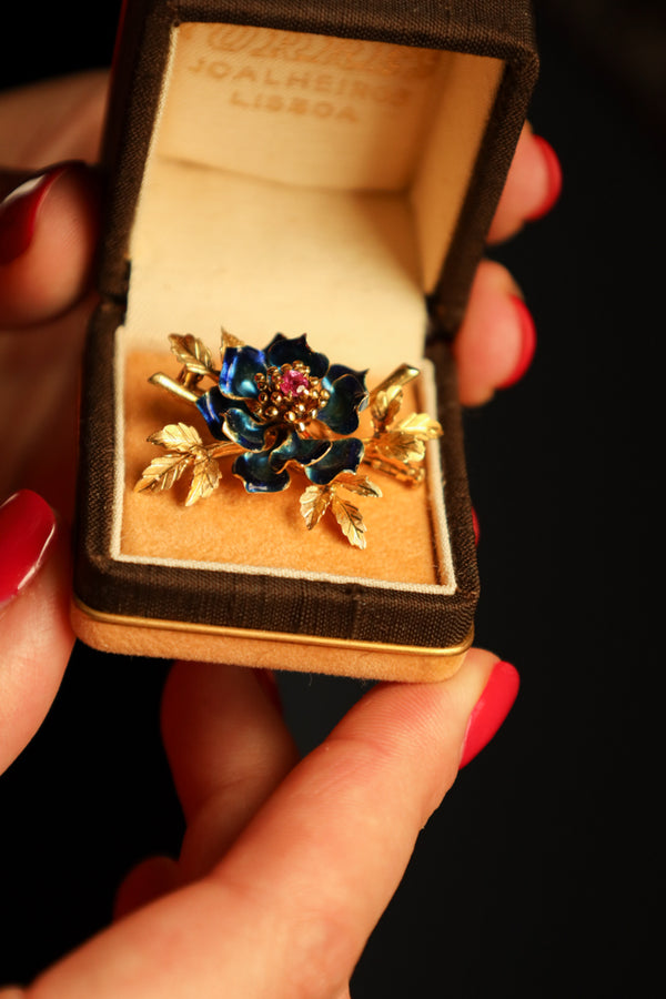 18k Gold Flower Brooch with Ruby and Blue Enamel