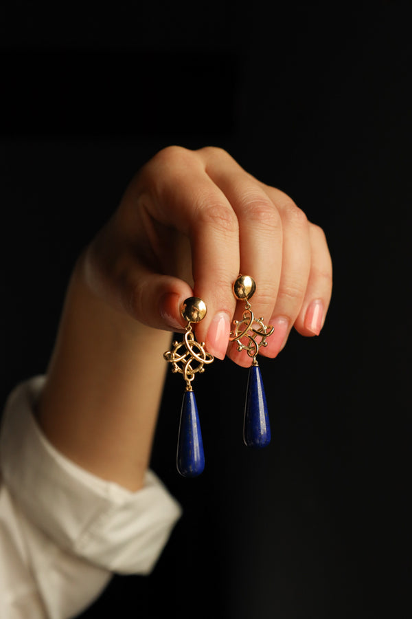 18k Gold Lovers Knot Earrings with Convertible Lapis Lazuli and Malachite Drops