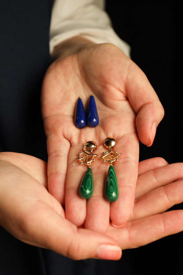 18k Gold Lovers Knot Earrings with Convertible Lapis Lazuli and Malachite Drops