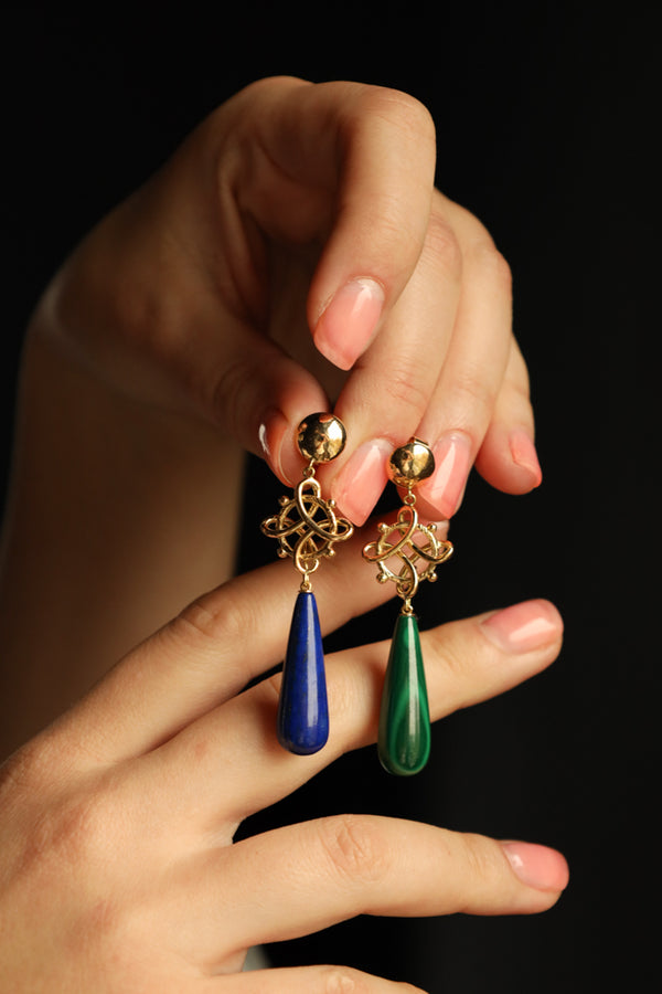 18k Gold Lovers Knot Earrings with Convertible Lapis Lazuli and Malachite Drops