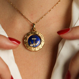 18k Gold Virgo Zodiac Pendant with Diamonds and Blue Enamel