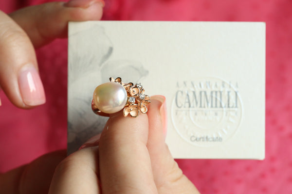 18k Fresh Water Pearl Flower Ring, Signed Jewelry by Annamaria Cammilli, Blossom Baroque
