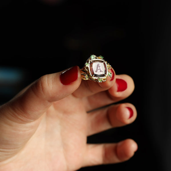 Artisan Amethyst Letter A Signet Intgalio Ivy Ring