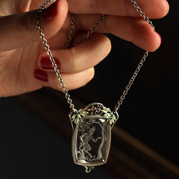 Art Nouveau Style Sterling Silver Faun Reverse Intaglio Necklace