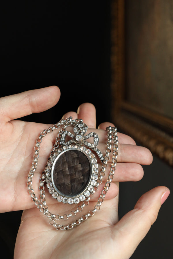 Antique Georgian Old Mine Cut Paste Bow Pendant with Woven Hair