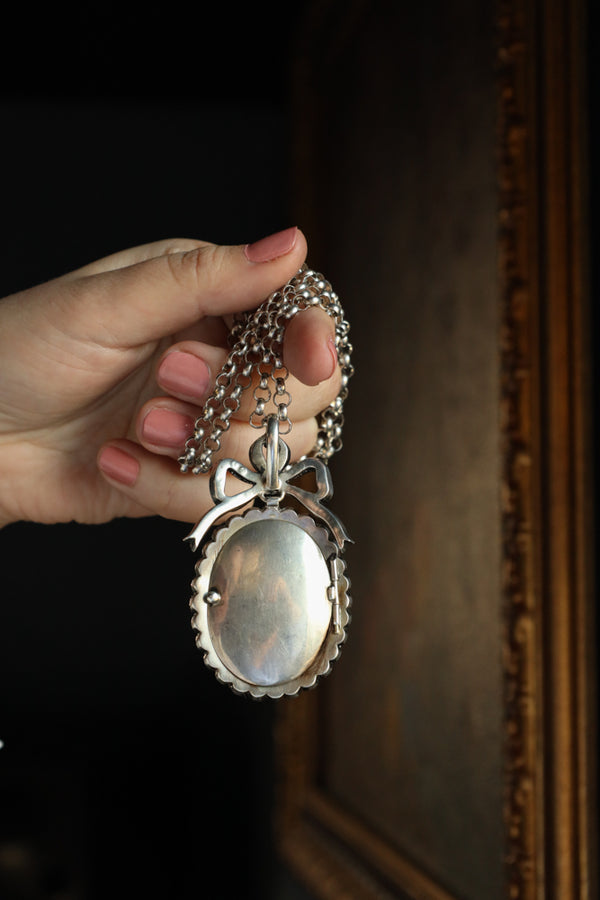 Antique Georgian Old Mine Cut Paste Bow Pendant with Woven Hair