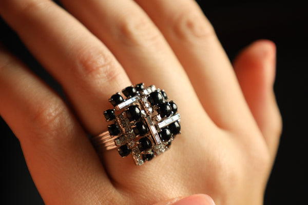 Retro Onyx Cocktail Diamond Ring in Solid 14k White Gold
