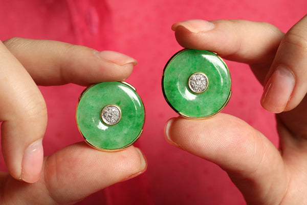 18K Lime Green Jade Earrings, Nephrite Earrings, Signed Jewelry by Maria Grazia Baldan