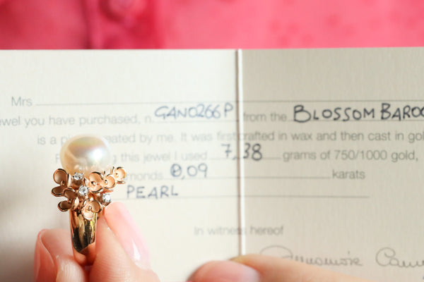 18k Fresh Water Pearl Flower Ring, Signed Jewelry by Annamaria Cammilli, Blossom Baroque