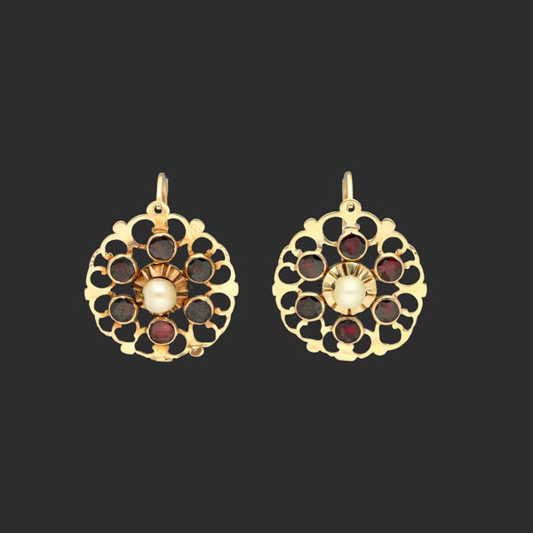 Antique Italian Foiled Garnet and Pearl Statement Round Earrings, Natural Gemstone Floral Hoops, 19th Century Jewelry