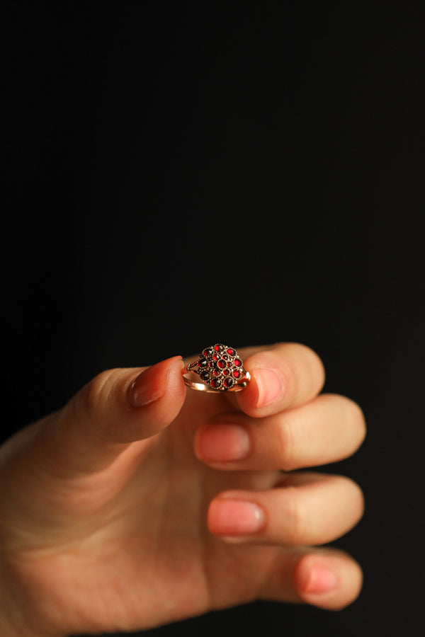 Antique Bohemian Garnet Flower Ring in Solid 14k Gold