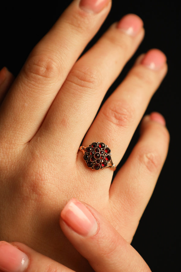 Antique Bohemian Garnet Flower Ring in Solid 14k Gold