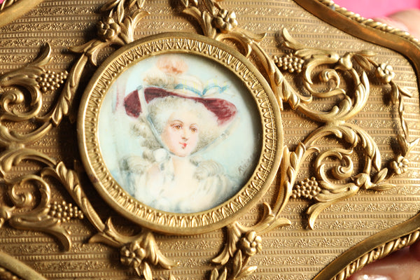 Antique French Brass Trinket or Jewelry Box with signed Portrait Miniature