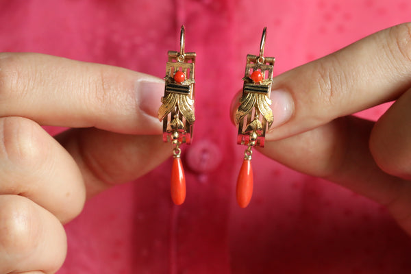 Antique Italian Coral and Black Enamel Earrings in Solid 18k Gold