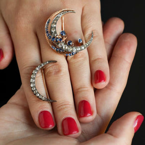 Antique Victorian Crescent Moon Brooch set with Old Mine Cut Diamonds