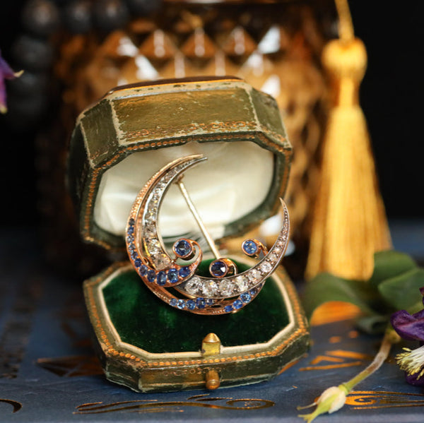 Antique Victorian Crescent Moon Brooch with Natural Ceylon Sapphires and Old Mine Cut Diamonds