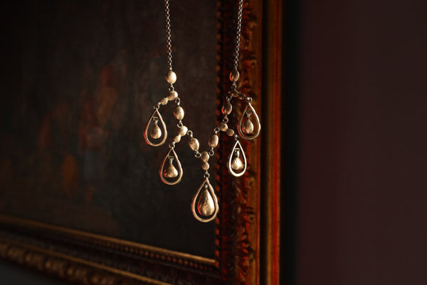 Antique Silver Diamond Fringe Necklace, Victorian Jewelry with Foiled Rose Cut Diamonds