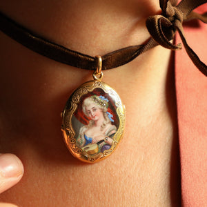 Antique Enamel Miniature Locket Pendant 18k Gold - Allegory of Music
