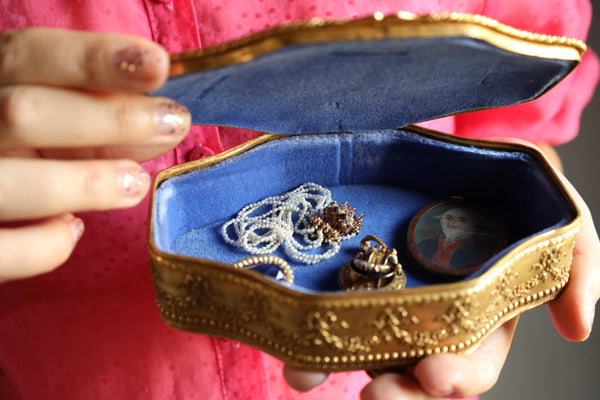 Antique French Brass Trinket or Jewelry Box with signed Portrait Miniature