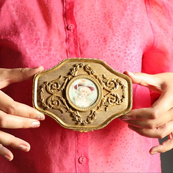 Antique French Brass Trinket or Jewelry Box with signed Portrait Miniature