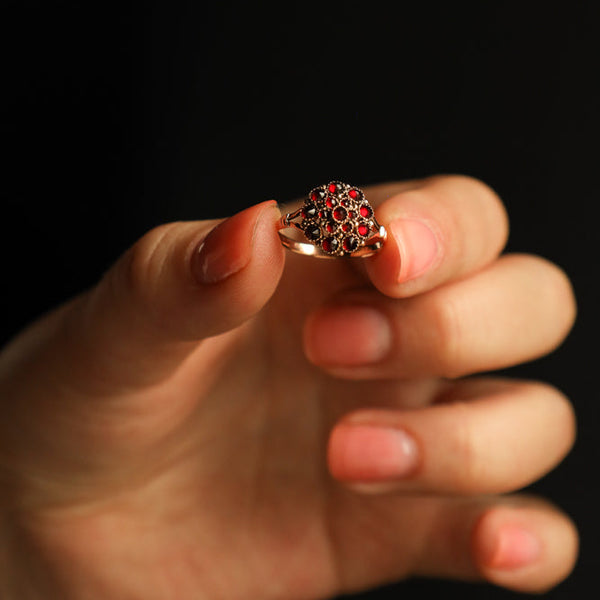 Antique Bohemian Garnet Flower Ring in Solid 14k Gold