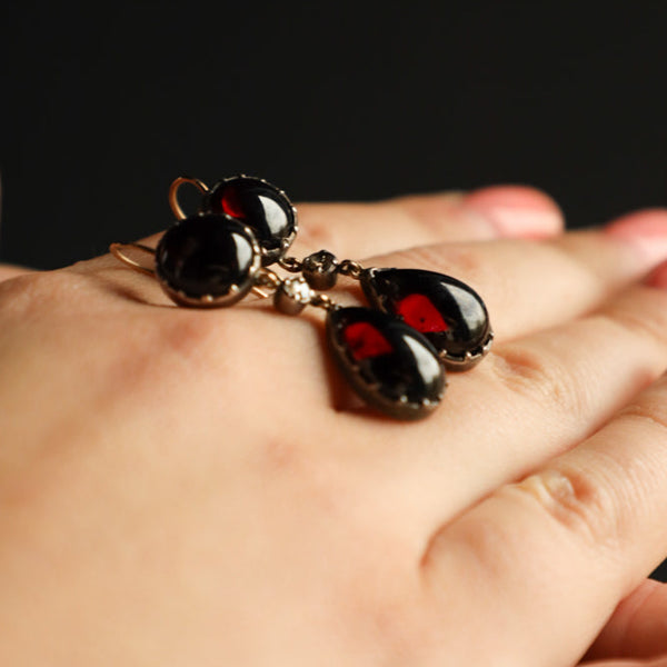 Antique Georgian Teardrop Garnet Cabochon and Diamond Earrings