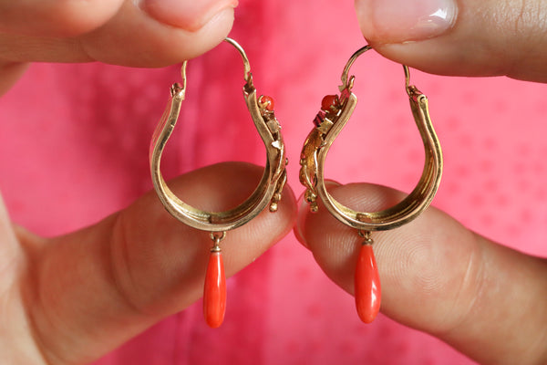 Antique Italian Coral and Black Enamel Earrings in Solid 18k Gold
