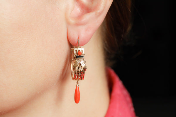 Antique Italian Coral and Black Enamel Earrings in Solid 18k Gold