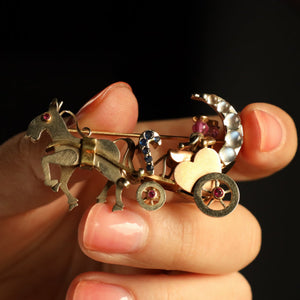Antique Moonstone Crescent Horse Carriage Brooch in 14k Gold