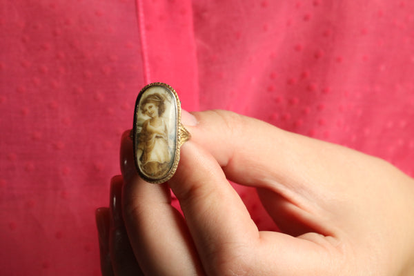 British Antique Portrait Locket Ring, Mourning Jewelry