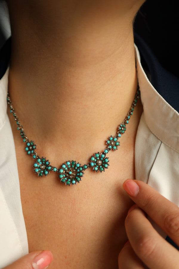 Antique Victorian Silver Floral Necklace set with Pave Turquoise