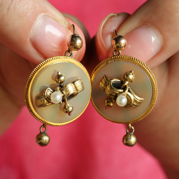 Antique Victorian Pastel Agate Round Pearl Earrings