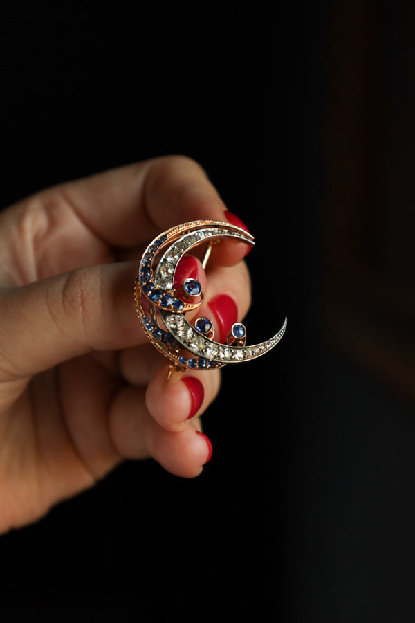 Antique Victorian Crescent Moon Brooch with Natural Ceylon Sapphires and Old Cut Diamonds