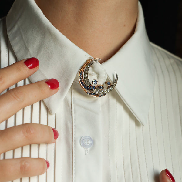 Antique Victorian Crescent Moon Brooch with Natural Ceylon Sapphires and Old Mine Cut Diamonds