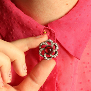 Antique Victorian Garnet Cabochon and Diamond Flower Brooch