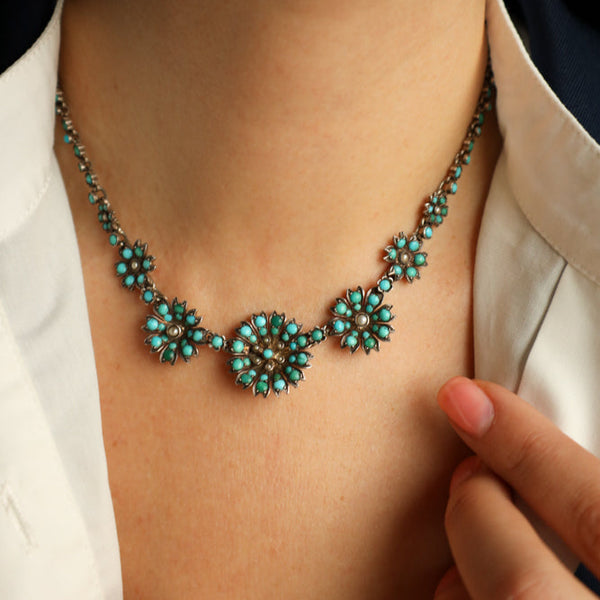 Antique Victorian Silver Floral Necklace set with Pave Turquoise