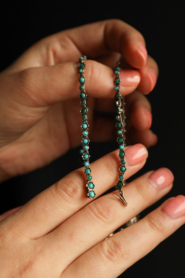 Antique Victorian Silver Floral Necklace set with Pave Turquoise
