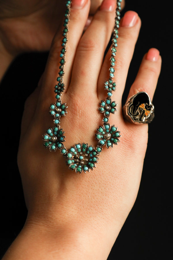 Antique Victorian Silver Floral Necklace set with Pave Turquoise