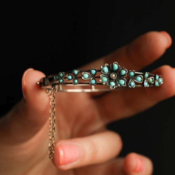 Antique Victorian Silver Pave Turquoise Cuff Bracelet