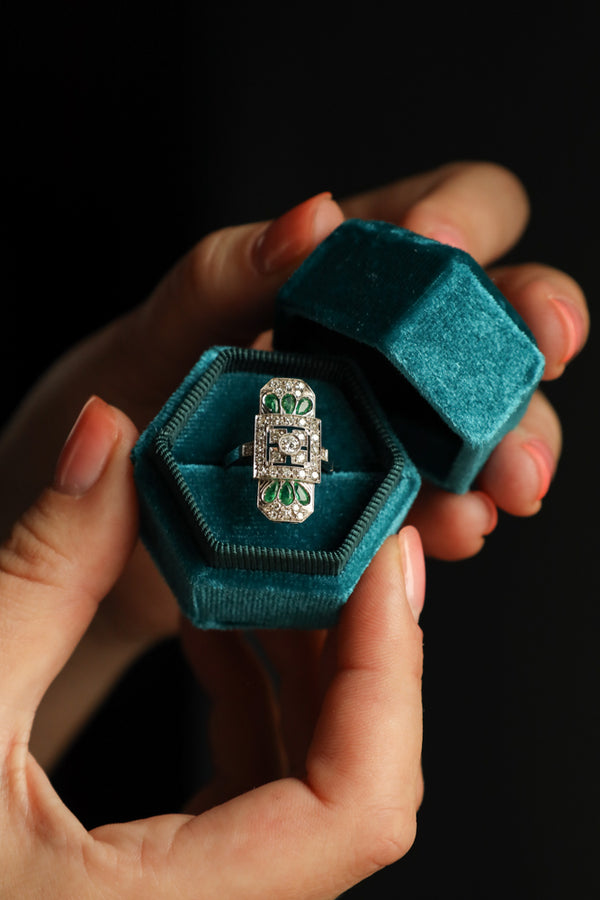 Art Deco Panel Emerald Ring with Diamonds in 18k White Gold