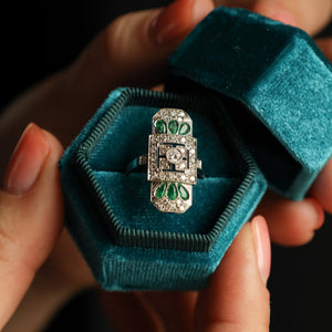 Art Deco Panel Emerald Ring with Diamonds in 18k White Gold