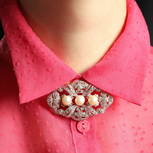 Art Deco Platinum Brooch with Rose Cut Diamonds and Natural Pearls
